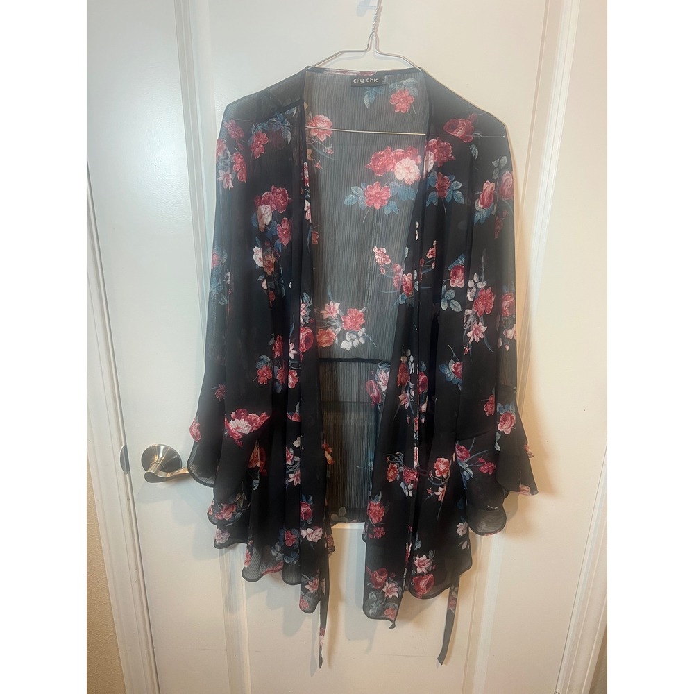 City Chic Womens Kimono Sheer Floral Black Plus Size
